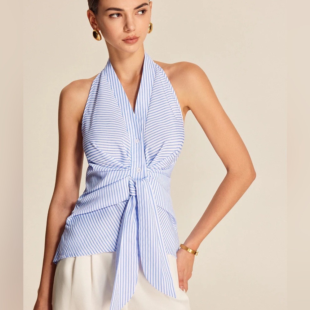 226 Striped Halter Tie Top